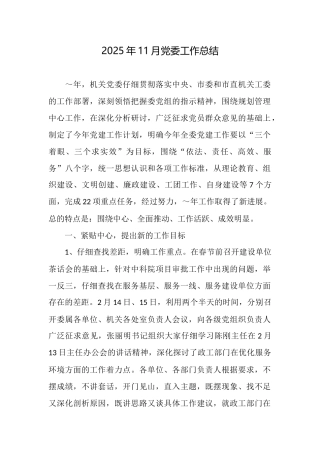 2025年11月党委工作总结