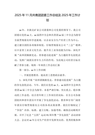 2025年11月共青团团委工作总结及2025年工作计划