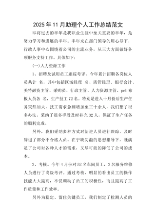 2025年11月助理个人工作总结范文