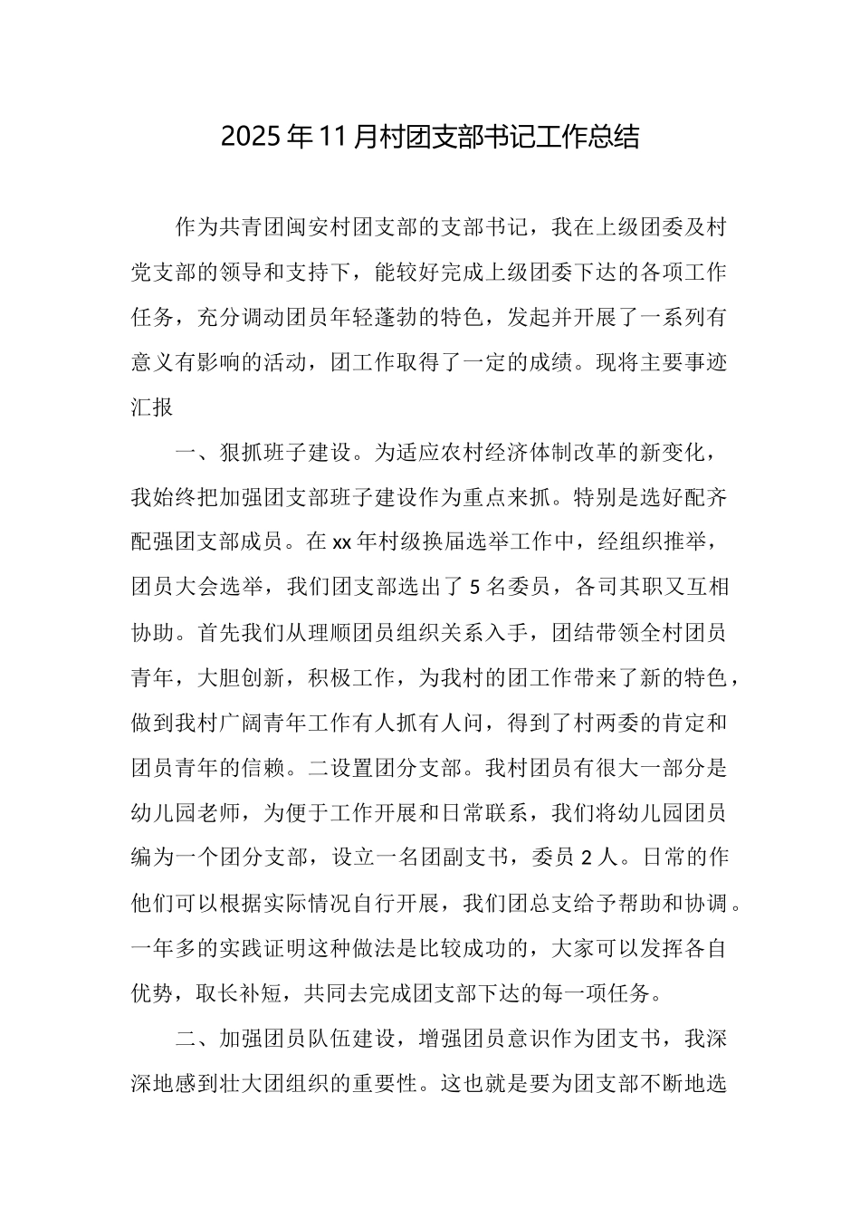 2025年11月村团支部书记工作总结_第1页