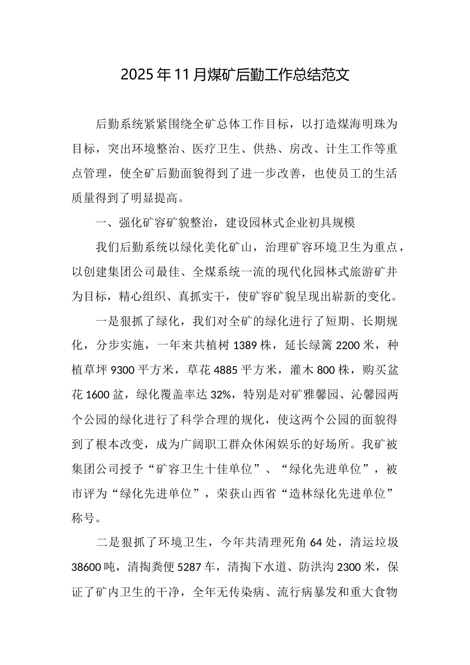 2025年11月煤矿后勤工作总结范文_第1页