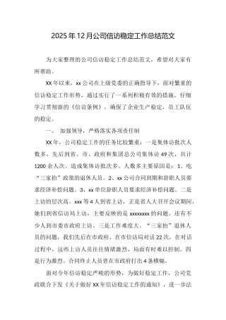 2025年12月公司信访稳定工作总结范文