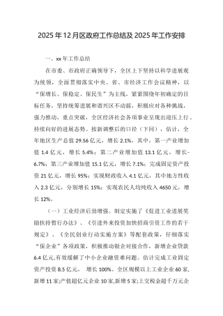 2025年12月区政府工作总结及2025年工作安排