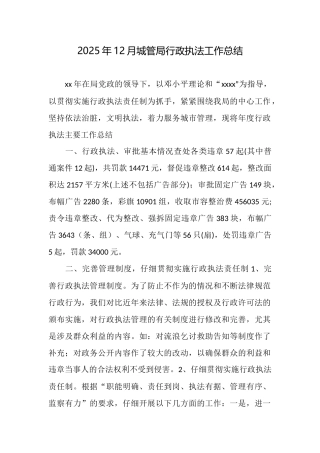 2025年12月城管局行政执法工作总结