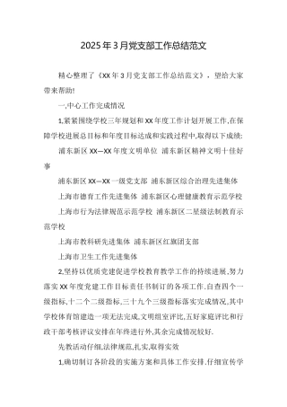 2025年3月党支部工作总结范文