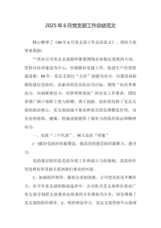 2025年6月党支部工作总结范文