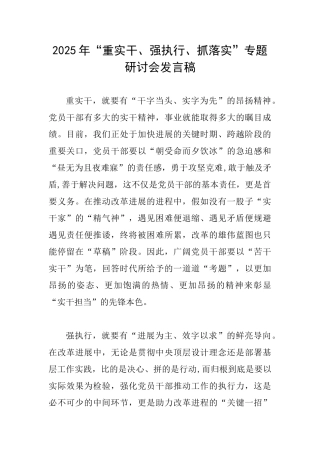 2025年“重实干、强执行、抓落实”专题研讨会发言稿