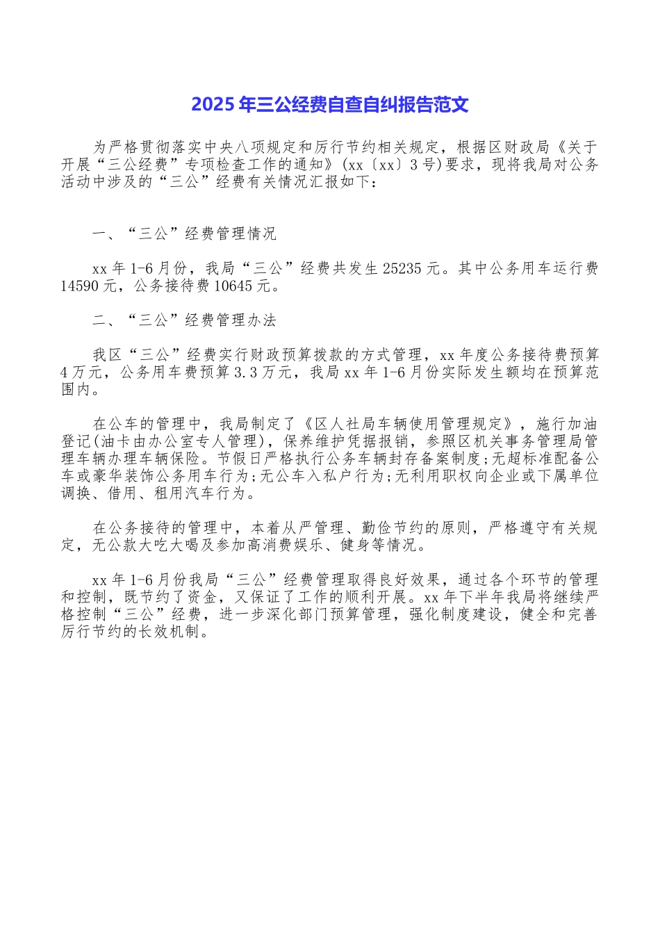 2025年三公经费自查自纠报告范文_第1页