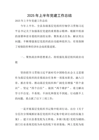 2025年上半年党建工作总结
