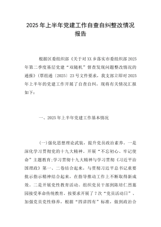 2025年上半年党建工作自查自纠整改情况报告