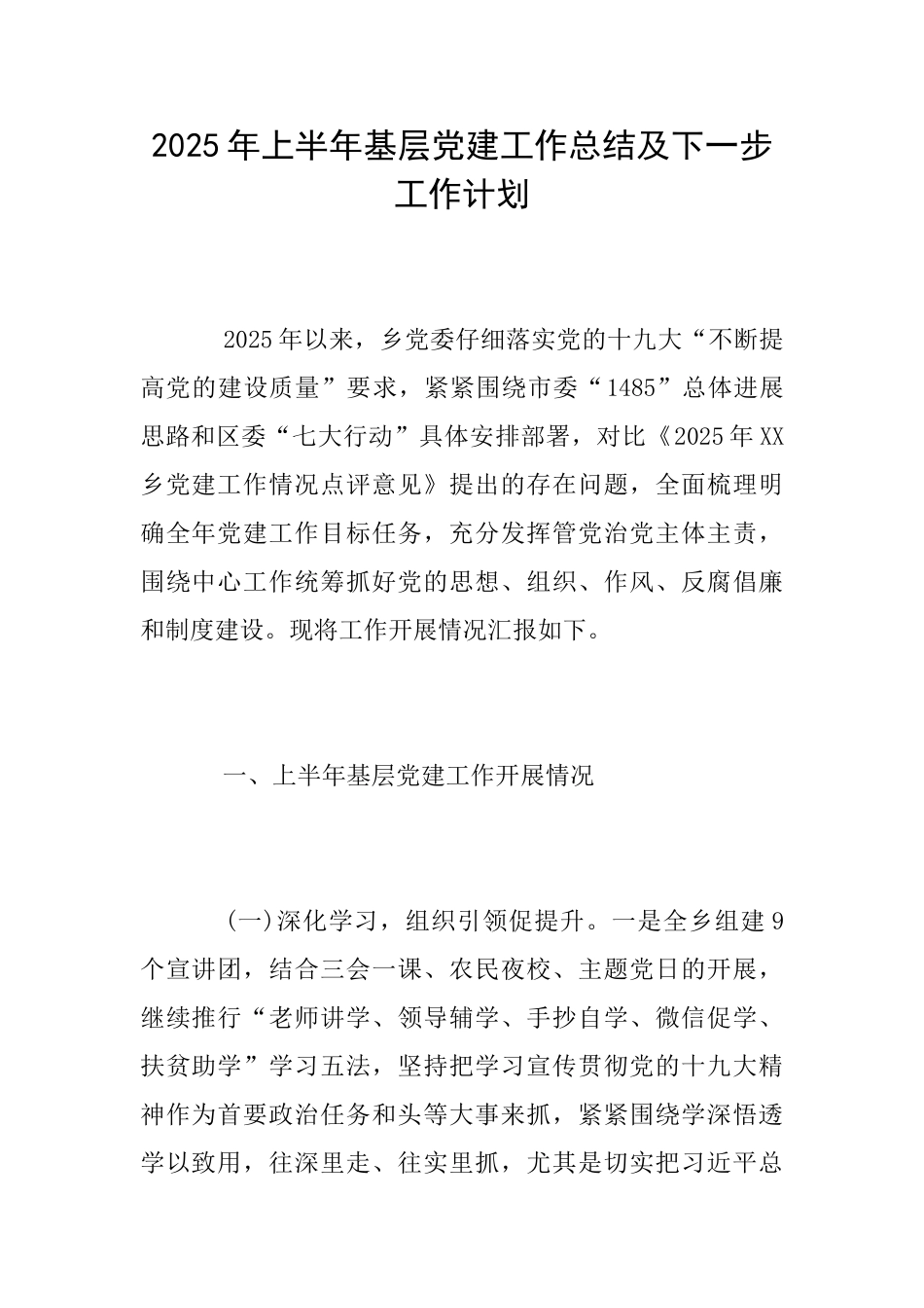 2025年上半年基层党建工作总结及下一步工作计划_第1页