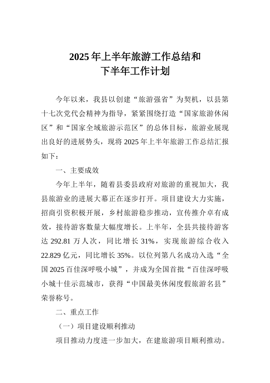 2025年上半年旅游工作总结和下半年工作计划_第1页