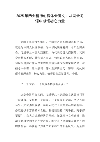 2025年两会精神心得体会范文：从两会习语中感悟初心力量