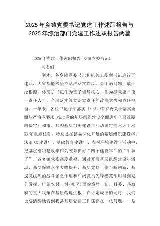 2025年乡镇党委书记党建工作述职报告与2025年综治部门党建工作述职报告两篇