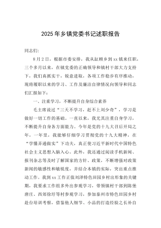 2025年乡镇党委书记述职报告-