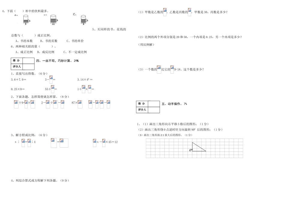 2025年人教版六年级数学下册期中水平试卷_第2页
