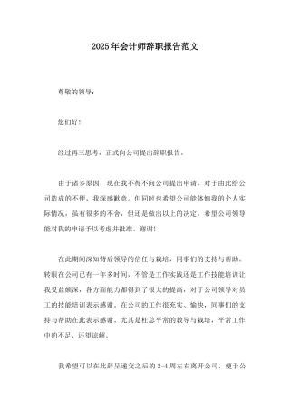 2025年会计师辞职报告范文
