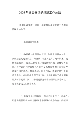 2025年党委书记抓党建工作总结