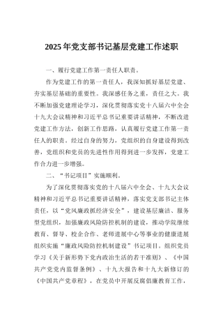 2025年党支部书记基层党建工作述职