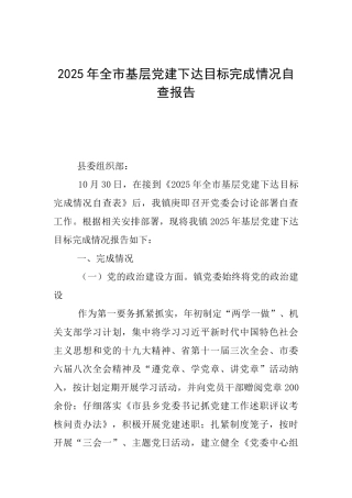 2025年全市基层党建下达目标完成情况自查报告