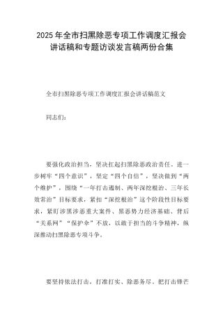 2025年全市扫黑除恶专项工作调度汇报会讲话稿和专题访谈发言稿两份合集