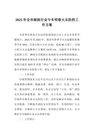 2025年全市邮政行业今冬明春火灾防控工作方案