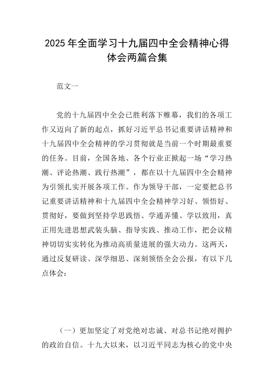 2025年全面学习十九届四中全会精神心得体会两篇合集_第1页