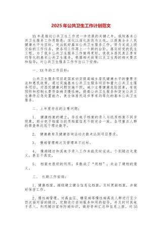 2025年公共卫生工作计划范文