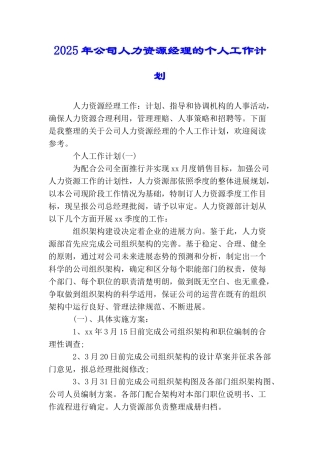 2025年公司人力资源经理的个人工作计划