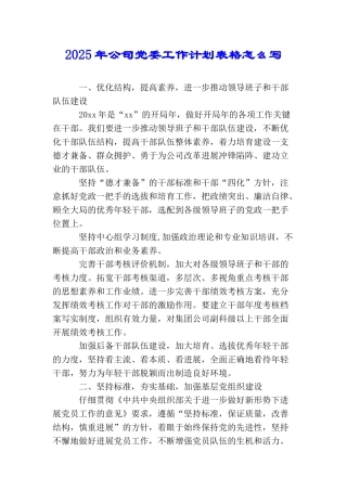 2025年公司党委工作计划表格怎么写
