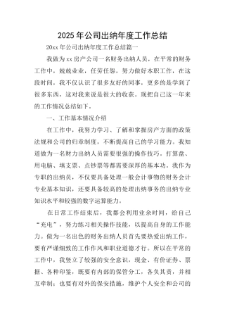 2025年公司出纳年度工作总结