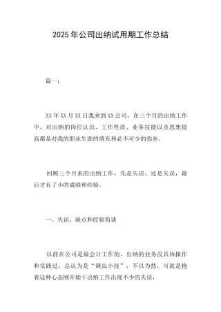 2025年公司出纳试用期工作总结