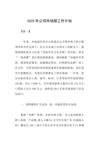 2025年公司市场部工作计划