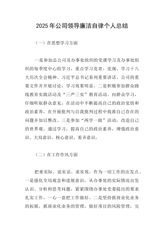 2025年公司领导廉洁自律个人总结