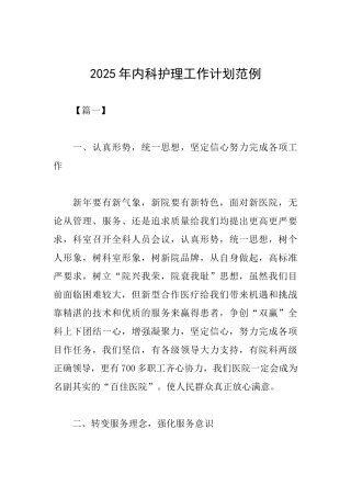 2025年内科护理工作计划范例