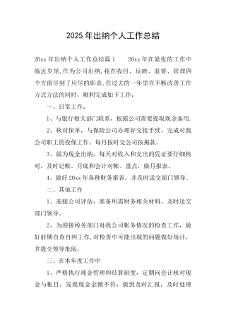 2025年出纳个人工作总结