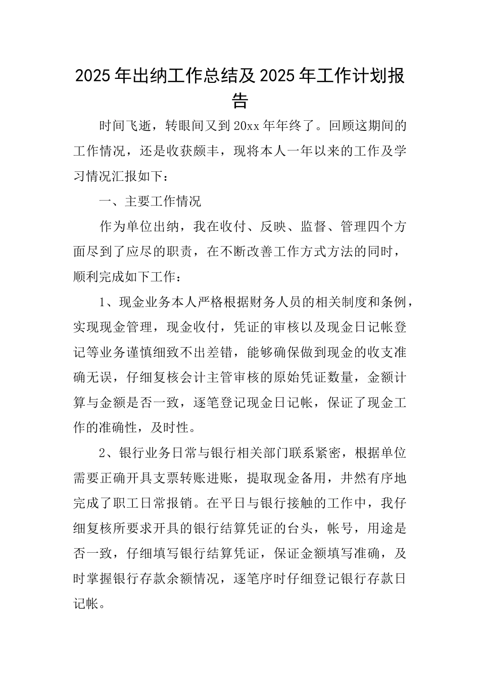 2025年出纳工作总结及2025年工作计划报告_第1页
