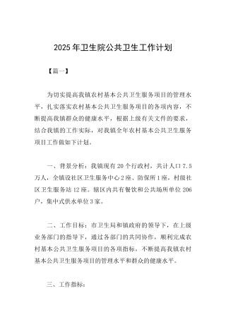 2025年卫生院公共卫生工作计划