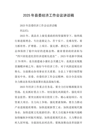 2025年县委经济工作会议讲话稿0