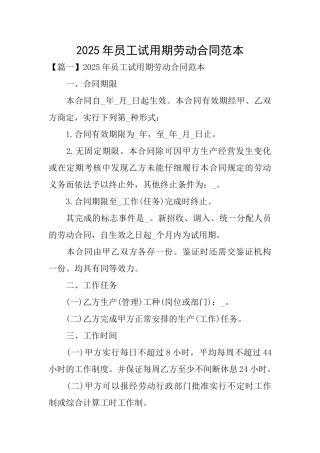2025年员工试用期劳动合同范本