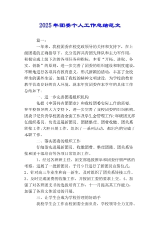 2025年团委个人工作总结范文
