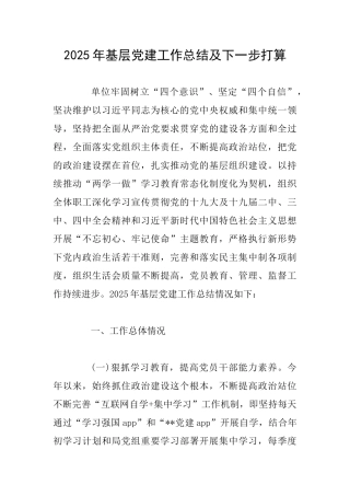 2025年基层党建工作总结及下一步打算