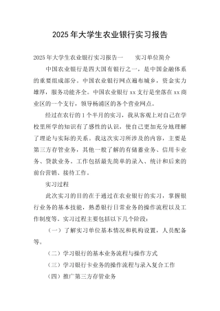 2025年大学生农业银行实习报告