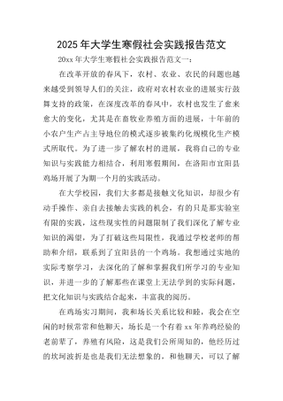 2025年大学生寒假社会实践报告范文