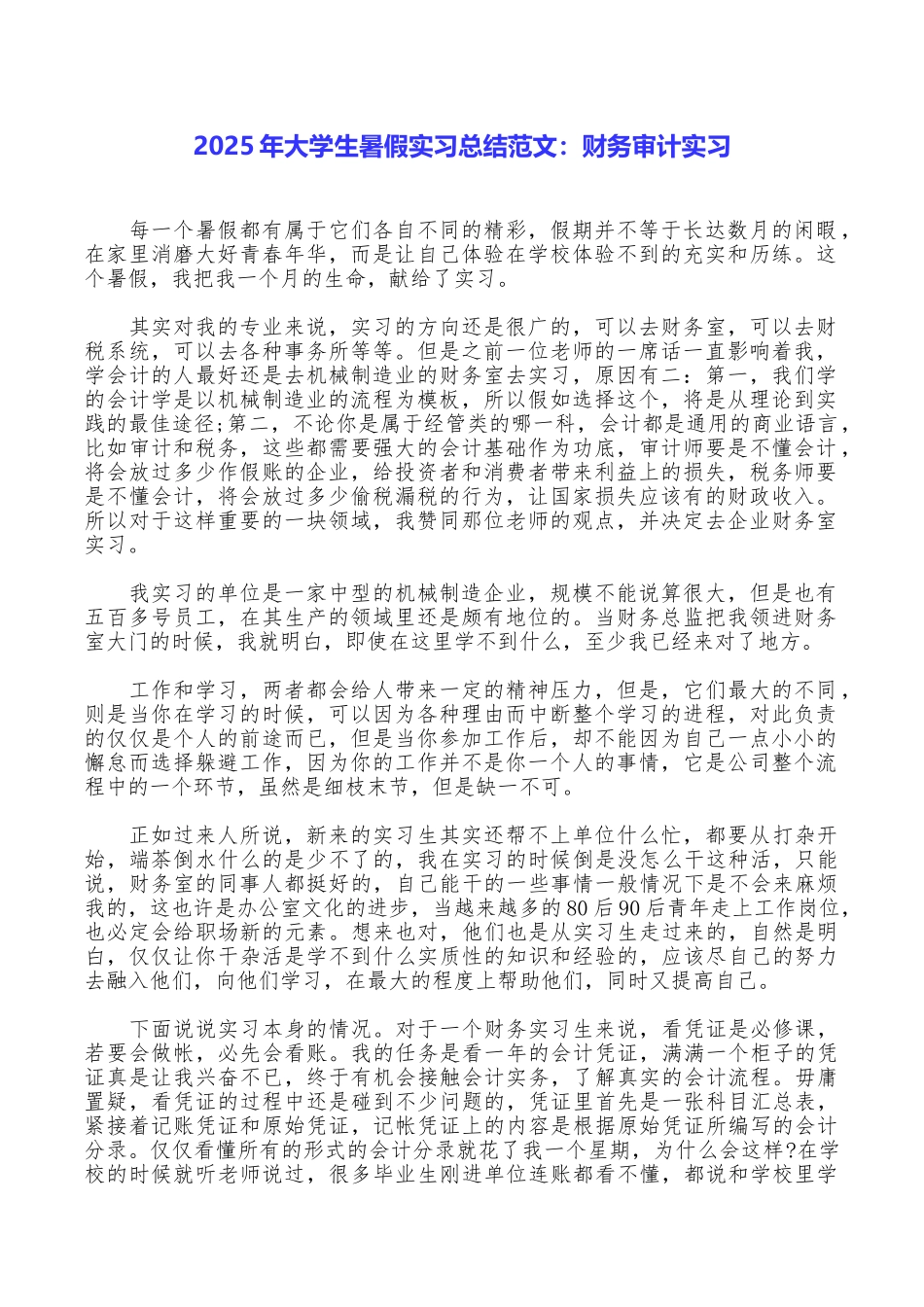 2025年大学生暑假实习总结范文：财务审计实习_第1页