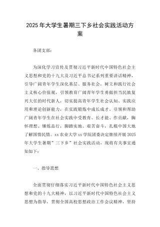 2025年大学生暑期三下乡社会实践活动方案