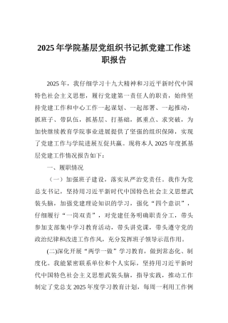 2025年学院基层党组织书记抓党建工作述职报告