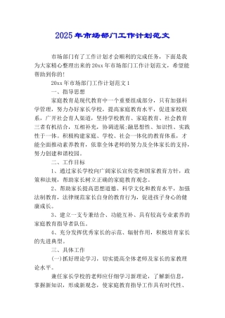 2025年市场部门工作计划范文