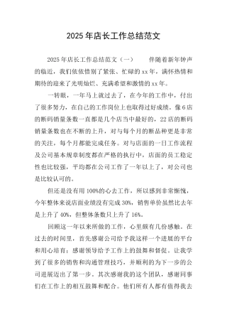 2025年店长工作总结范文
