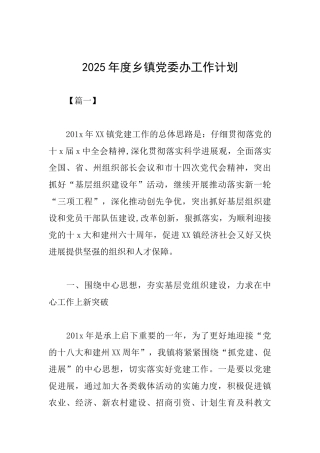 2025年度乡镇党委办工作计划